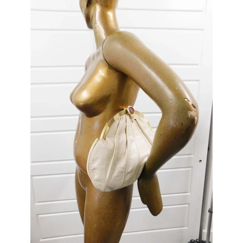 Judith Leiber Large Beige Karung Leather‎ Pink Quartz Cameo Clutch Shoulder Bag